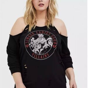 Torrid Disney Villains Single Ladies Club Distressed Cold Shoulder Sweatshirt
